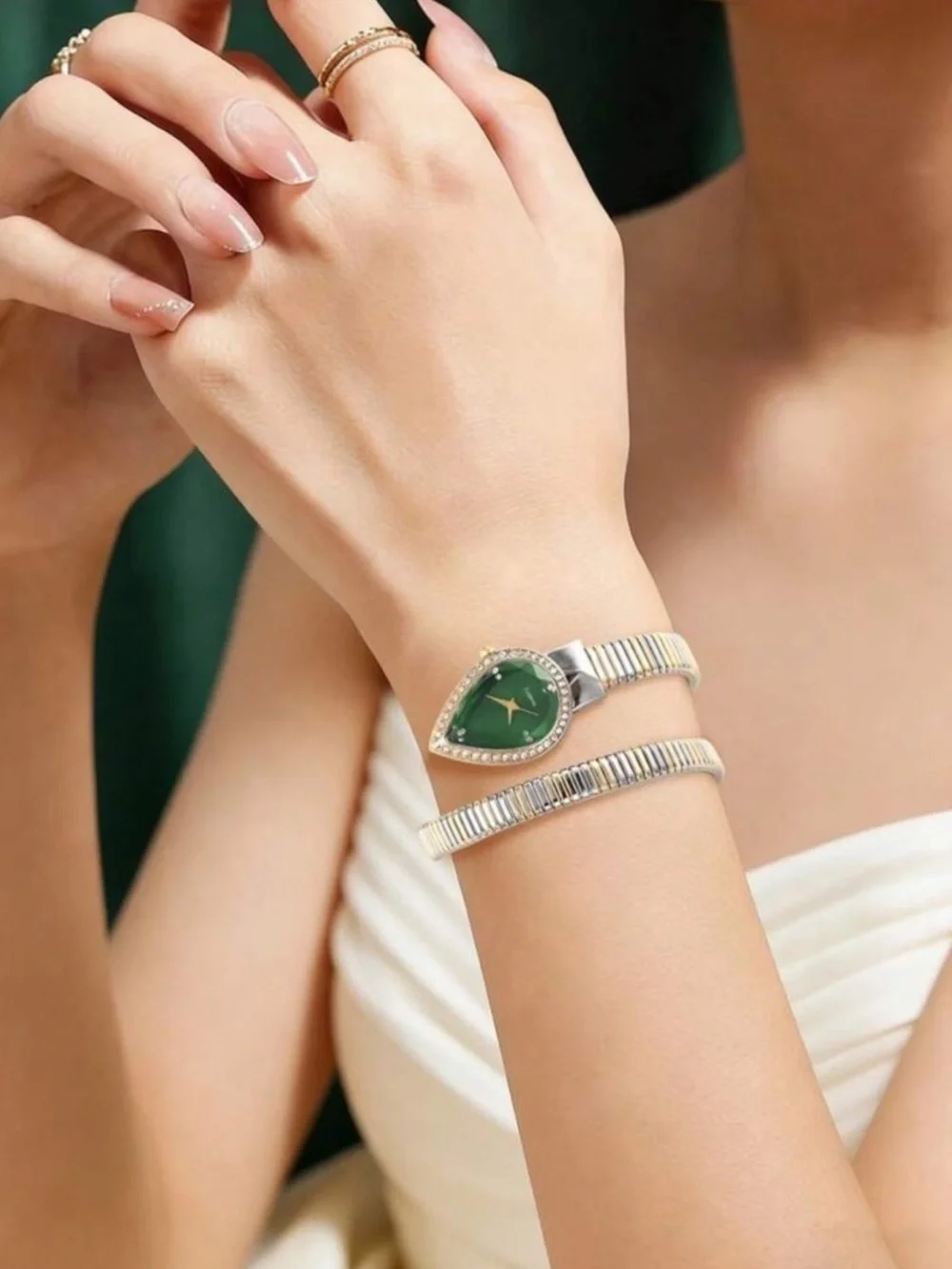 Anthropologie Gold-Trim Green Teardrop Dial Bracelet Watch